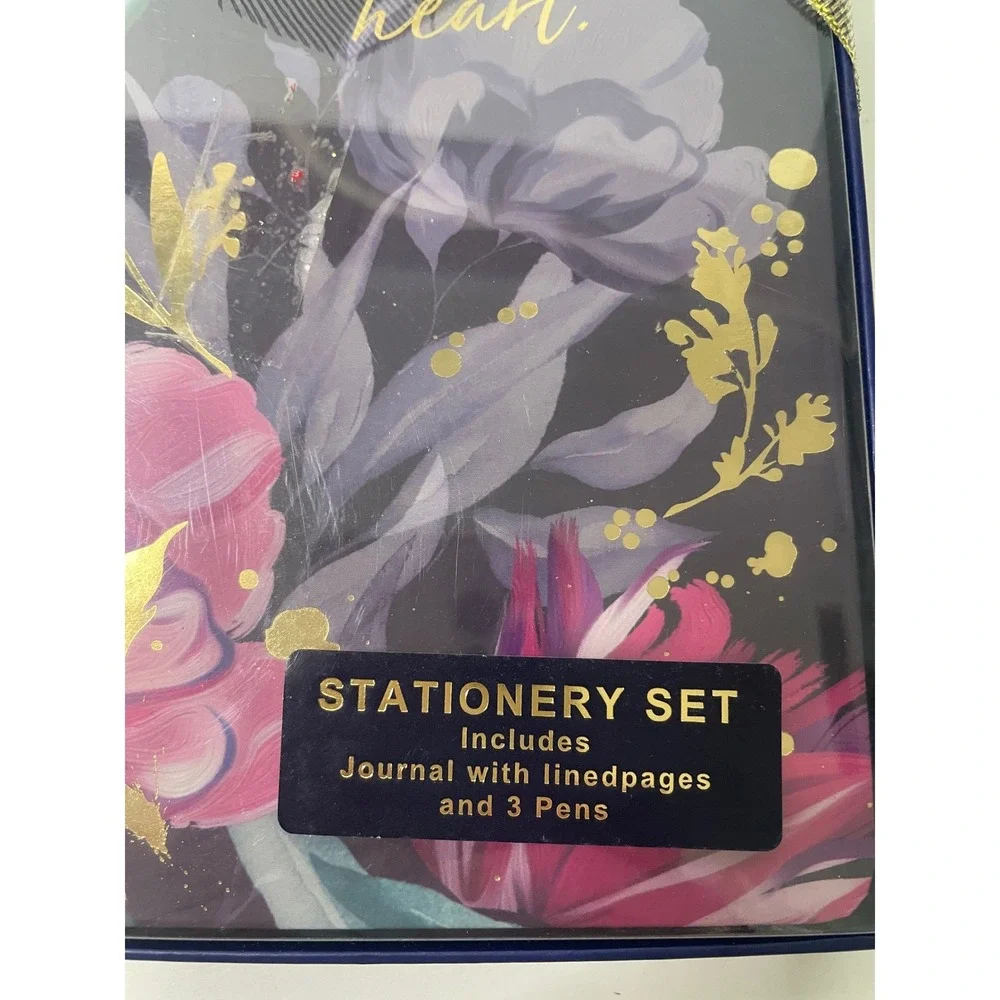 Votum Stationery Gift‎ Set Journal and 3 Pens Floral Design Gold Ribbon Gift Box